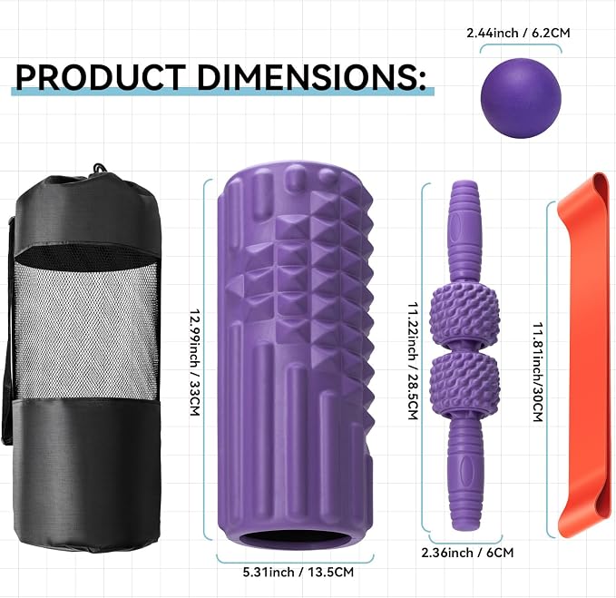 5 in 1 Foam Roller Set, High Density Patented Exercise Roller | Deep Tissue Massage Roller Stick, Massage Ball, Resistance Band for Pilates, Yoga, Whole Body Fitness Exercise, Purple
