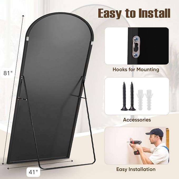 Full Length Mirror, 81"x41" Arched Full Body Mirror, Oversized Floor Mirrors, Leaning Free Standing Mirrors, Hanging Mounted Large Mirrors for Bedroom Dressing Room, Cloakroom, Black