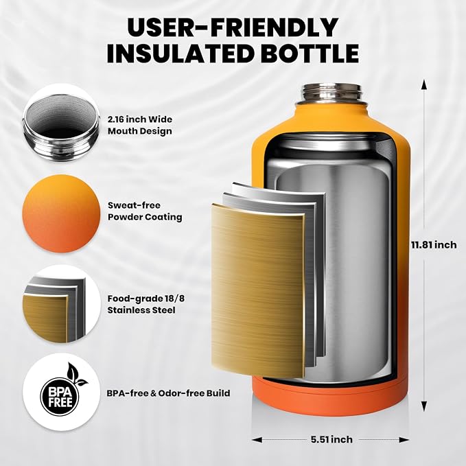 One Gallon Water Bottle Insulated, Triple Walled Vacuum Stainless Steel | (Cold for 48 Hrs), Leak Proof & Non-BPA, Large Water Flask Jug with Paracord Handle & Straw Spout Lids