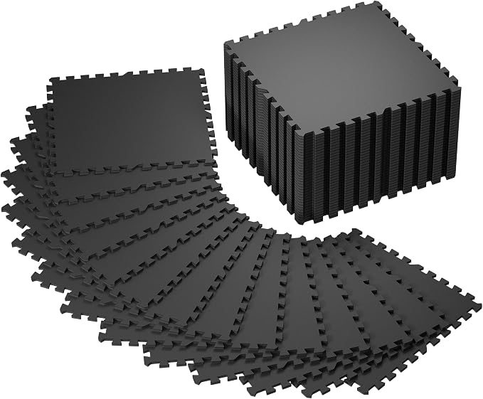 SUPERJARE 0.4'' Thick 48 Pcs 192 Sq Ft Rubber Top Exercise Equipment Mats, High Density EVA Foam Mats with Rubber Top, Interlocking Gym Flooring for Home Gym, Protective Workout Mat, Black