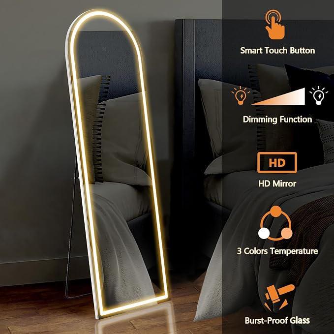 Sweetcrispy 63"x20" LED Mirror Full Length with Stand, Lighted Floor Mirror, w/Dimming & 3 Color Lighting, White