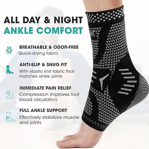 INDEEMAX Copper Ankle Brace Ankle Compression Sleeve Support Ankle Brace for Women & Men, Achilles Tendonitis Brace, Plantar Fasciitis, Sports, Silver Black, M