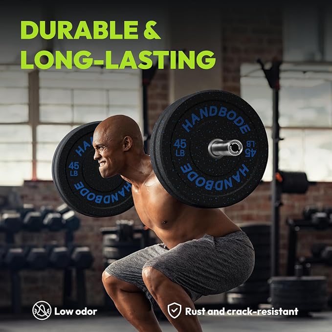HANDBODE 2-Inch High-Bounce Bumper Plates, Olympic Weight Set, 10-650 lb | Barbell Weight Plates Set for Home Gym, Colored Weights Rubber Strength Training Plate for Weight Lifting