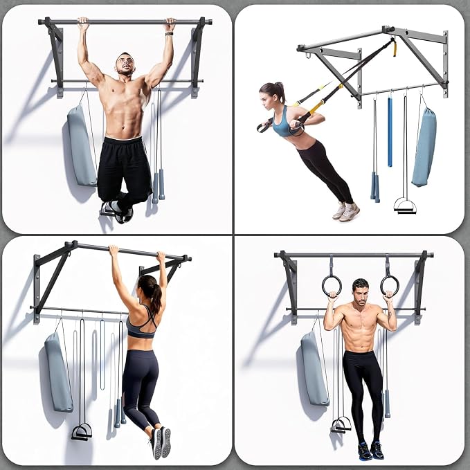 Wall Mounted Pull Up Bar with 500LBS Capacity for Gym Home | Adjustable Depth, 4 Hooks, Heavy Duty, Strength Training, Easy Install, Chin Up Bar for Doorway