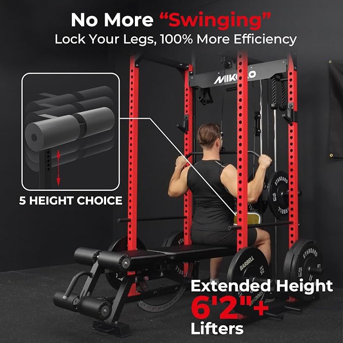 Mikolo F4 2.0 Power Cage with Dual-Track Smooth Pulley System, 1200LBS Power Rack with Leg Hold-Down for Heavy LAT Pulldowns