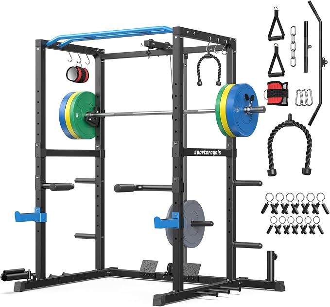 SPORTSROYALS Power Rack, Multi-Functional Power Cage, Squat Rack with Pulley System & LAT Pull Down, Workout Cage with J Hooks for Home Gym