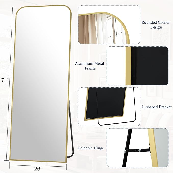 Full Length Mirror 71"x26" Arched Floor Standing Large Mirrors | Full Body Mirror with Stand - with Aluminum Frame for Bedroom Living Room, Gold