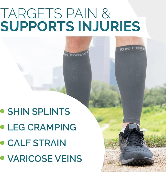 Run Forever Calf Compression Sleeve for Men & Women, 20-30mmHg Compression | Leg Sleeve for Shin Splints, Varicose Veins, Swelling & Pain Relief | Footless socks for Running, Cycling & Travel