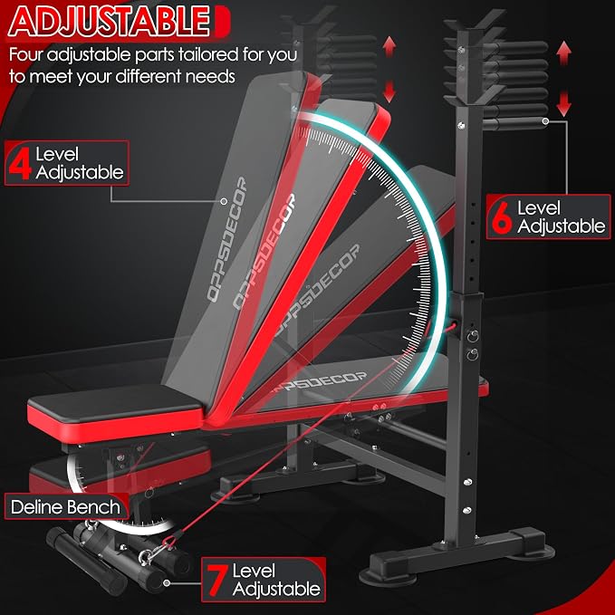 OPPSDECOR 900LBS Weight Bench Set Adjustable Workout Bench for Home Gym | Bench Press, Incline Press, Squat Rack, Leg Developer, Preacher Curl Pad, Fits 6-7ft Barbells, 2-Second Fold, 38-in Rear Rack
