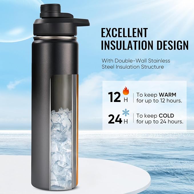 Fijinhom Insulated Water Bottle with Handle, 304 Stainless Steel Water Bottles with Wide Mouth, Double Wall Vacuum Sports Water Bottle, BPA Free, Keep Cold and Hot, 24 Ounces, Black/Gray