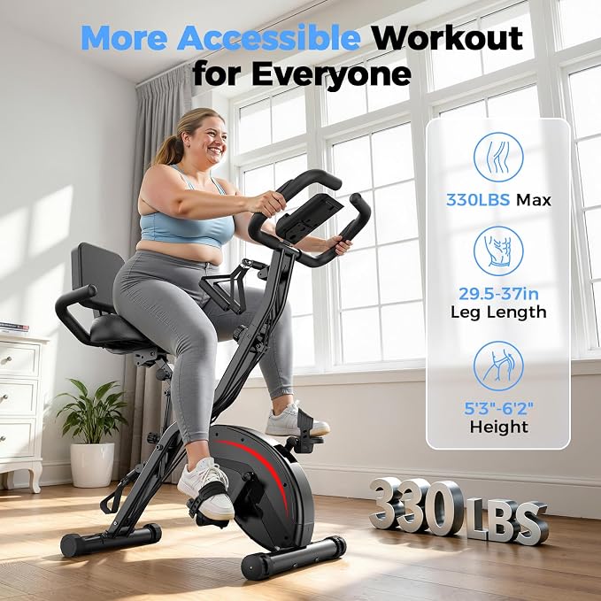 Pleny Folding Exercise Bike, 5 IN 1 Stationary Bikes for Home 6.6 LBS Flywheel, 330LB Weight Capacity Back Support Cushion Indoor Workout Cycling Bike for Home Gym