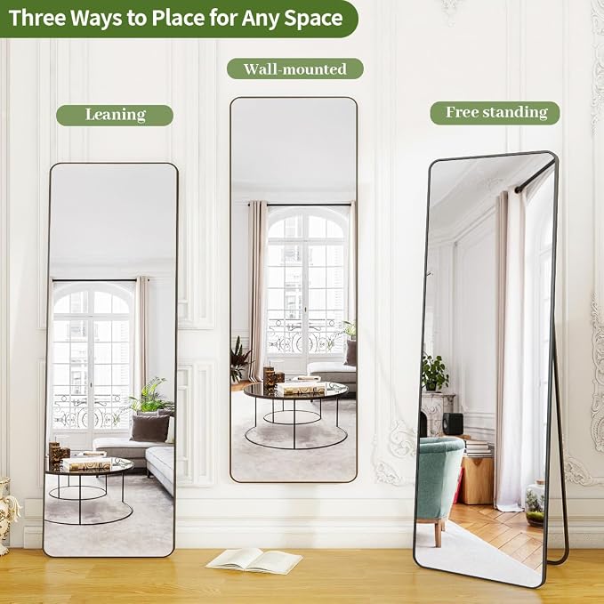 BEAUTYPEAK 59" x 16" Rounded Corner Full Length Mirror with Stand, Black | Aluminum Alloy Frame with Standing, Leaning, or Wall-Mounted, Ideal for Bedroom, Dressing Room, Entryway, and Living Room