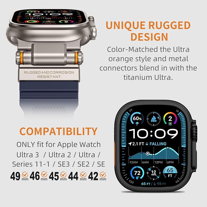 Band Compatible with Apple Watch Ultra 3/2/1 Band 49/46/45/44mm | Metal Connector with Silicone Rugged Strap for iWatch Ultra Series 11/10/9/8/7/6/SE3/SE2/SE/5/4/3/2/1, Navy Blue/Titanium