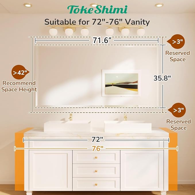 72x36 Bathroom Mirror Frameless, Tempered 1" Beveled Edge Bathroom Mirrors for Over Sink, Shatterproof Rectangle Mirrored Wall Mounted for Living Room, Entryway, Restroom