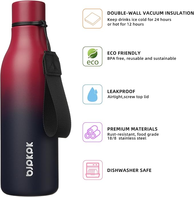 BJPKPK 18oz Insulated Water Bottle, Stainless Steel Bottle with Carry Strap | Keep Cold & Hot Vacuum Insulation, Leak-Proof BPA-Free Design, Slim Bottle Fits Most Cup Holders for Gym, Office & Travel