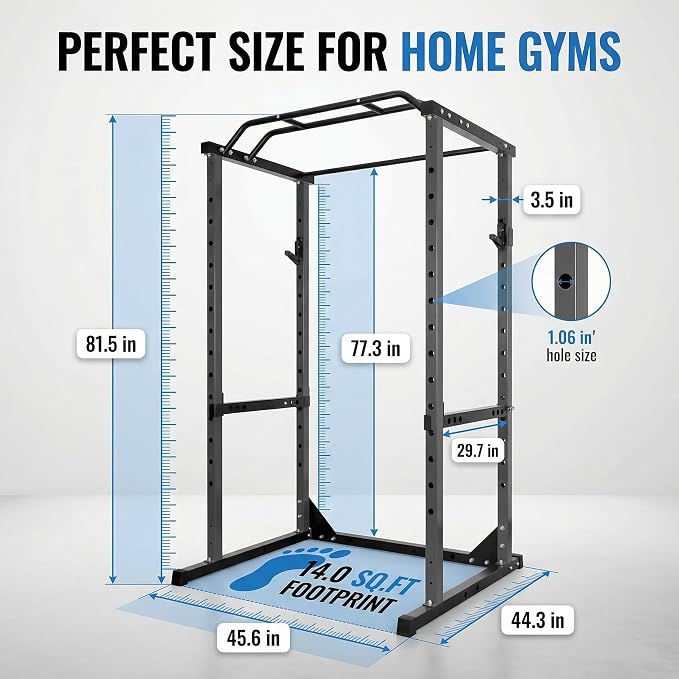 Squat Rack with Protection Arm, 1200 Lbs Capacitys All in One Power Cage, 44.3 x 45.6 x 81.5 Inch, 14.0 sq.ft Footprint Adjustable Fitness Power Gym Cage for Home Gym