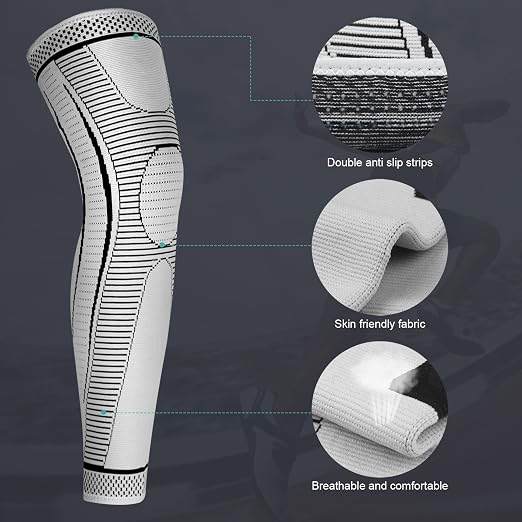 2 Pack Full Leg Compression Sleeves, Long Knee Brace Support for ACL,PCL, Meniscus Tear, Arthritis, Tendinitis,Men And Women (Gray, XX-Large)