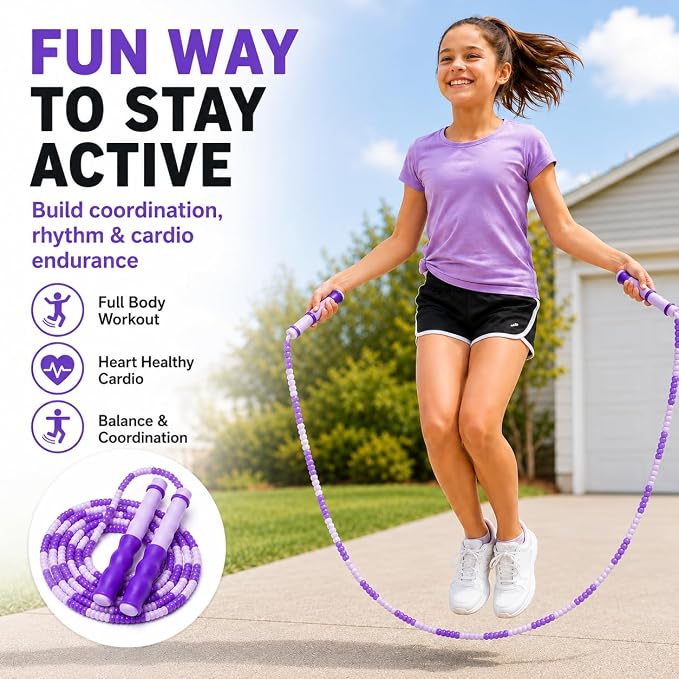 Jump Rope for Kids, Beaded Jumping Rope for 8-12, 9Ft Adjustable Skipping Rope with Soft Beaded, Tangle-Free Jumprope for Girls Boys, Students Outdoor Fitness Exercise