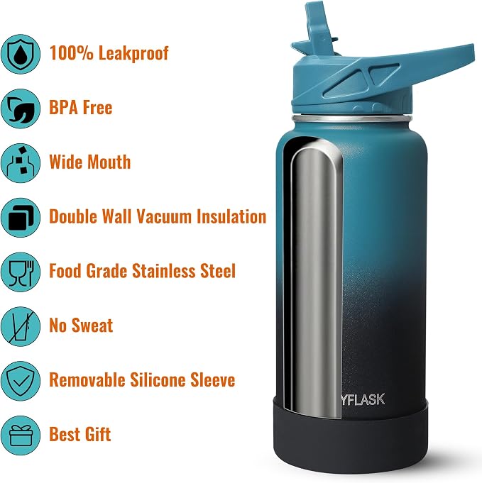 RUBYFLASK 32oz Insulated Water Bottle with Straw, Stainless Steel Metal Vacuum Water Flask, Large Thermal Water bottle with Leakproof 3 Lids for Travel, Camping, Gym Sports Indigo Black | 3 Lids, Wide Mouth, Metal Vacuum Leakproof Water Jug Flask and H...