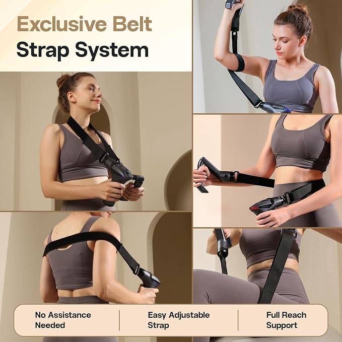 Extended Reach Massage Gun for Back Relief – Deep Tissue Percussion Massager with Handle & Massage Belt for Hard-to-Reach Areas, 12 Speeds & 4 Heads