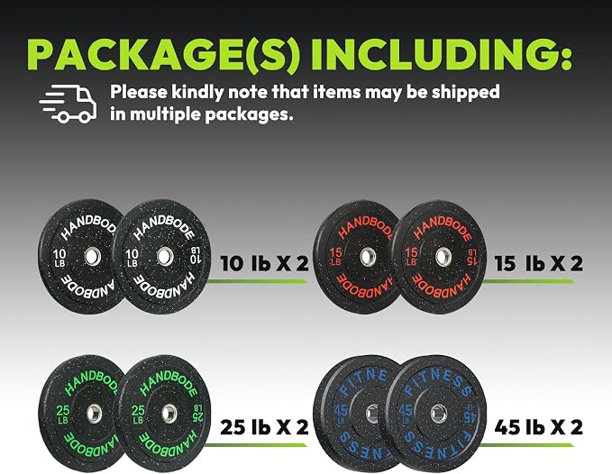 HANDBODE 2-Inch High-Bounce Bumper Plates, Olympic Weight Set, 10-650 lb | Barbell Weight Plates Set for Home Gym, Colored Weights Rubber Strength Training Plate for Weight Lifting