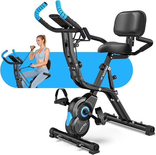 Foldable Exercise Bike, 8-Level Magnetic Stationary Bike for Home Gym | Quiet Indoor Workout Bike with Arm Resistance Bands, LCD Monitor, and 300 LBS Capacity for Full-Body Cardio Training