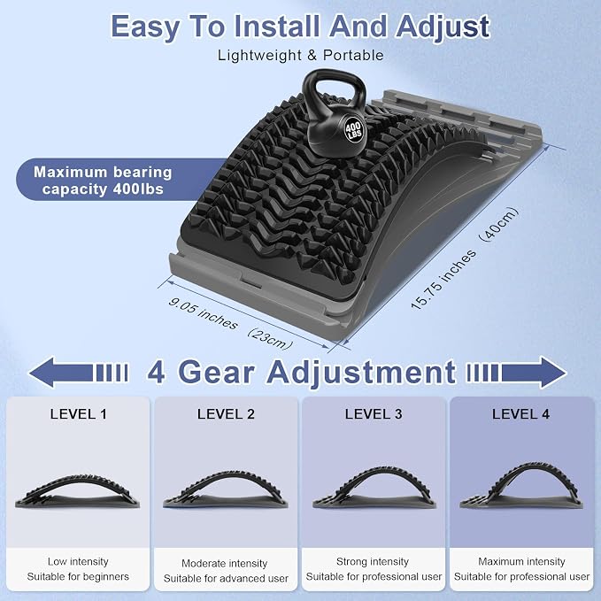 Back Stretcher for Lower Back Pain Relief, Multiple Level Adjustable Arch Lumbar Back Cracker Board, Back Cracking Device, Back Massager for Scoliosis, Spine Decompression Support