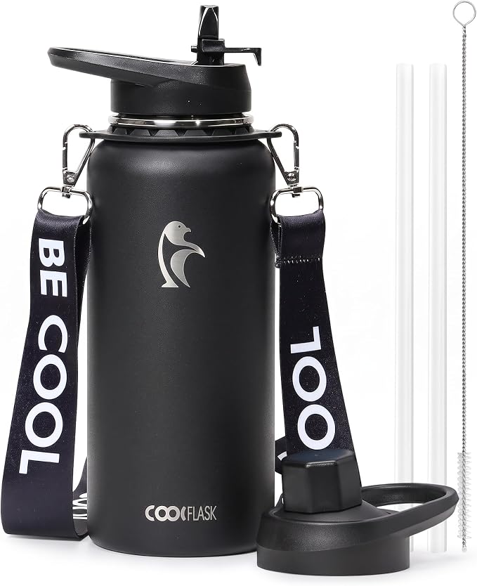 Coolflask 32 oz Water Bottle Insulated Stainless Steel with Strap | Metal Water Flask with Straw & Spout Lids, Triple-Wall, Cold 48+h, Dishwasher Safe, Leakproof, BPA-Free, for Gym & Hiking