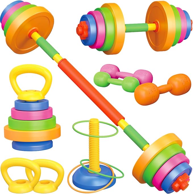 6-in-1 Kids Weight Set, Kids Workout Equipment, Kid exercise equipment Toys | Kids Adjustable Dumbbell, Barbell, Kettlebell, Push-Up ,Ring. Fitness Play Gym Toys Set Gift Small Weights for Kids Boy Girl
