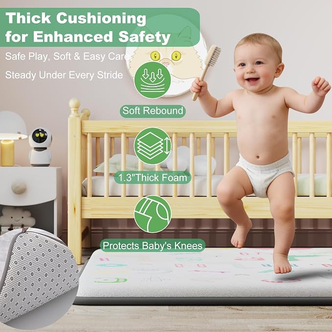 1.3" Thick Baby Play Mat for Floor, Elasti-Foam 50x50 Playpen Mat, Water Repellent Ultra Soft Coral Velvet Tummy Time Crawling Mats for Kid Toddlers Infants, Non-Slip Backing Safe Alphabet Zoo