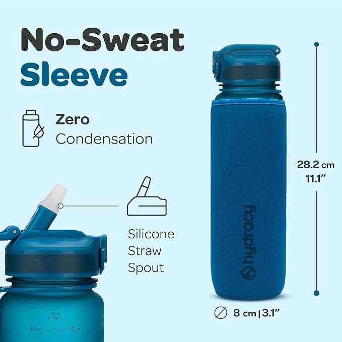 Hydracy Motivational Water Bottle with Time Marker and Straw Lid 32 oz | Leakproof,BPA Free,No Sweat Neoprene Sleeve,Carry Strap,Daily Intake Tracking for Fitness & Outdoors