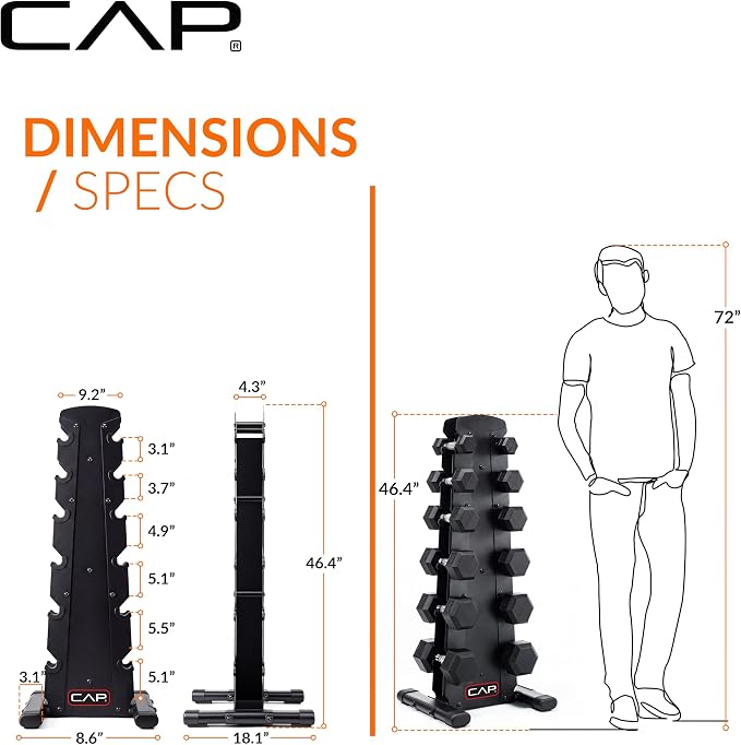 CAP Rubber Coated Hex Dumbbell Set with Storage Rack | 100–210 lb Options, Space-Saving Vertical Compact Storage for Home Gym Strength Training