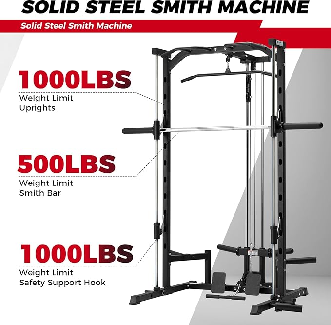 RitFit Smith Machine Power Rack with LAT-Pull Down System | Half Smith Machine with Landmine, Barbell Bar, Plate Storage Pegs and More Training Attachment