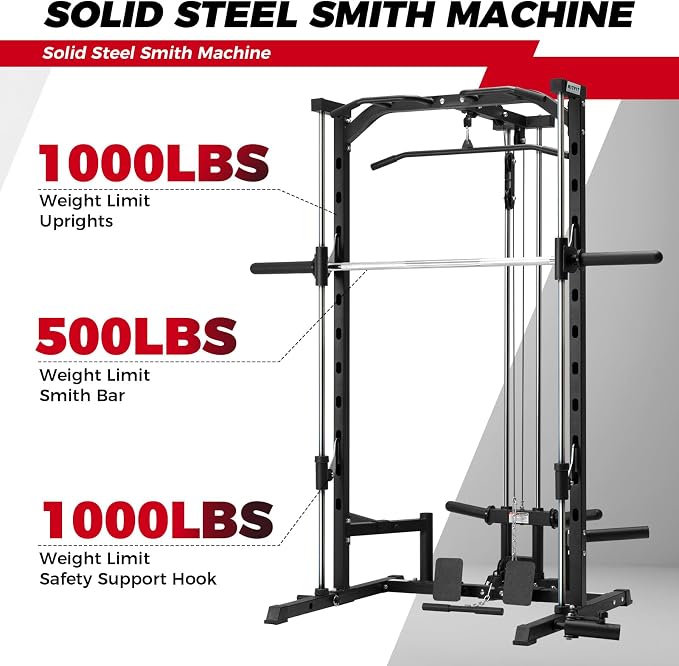 RitFit Smith Machine Power Rack with LAT-Pull Down System | Half Smith Machine with Landmine, Barbell Bar, Plate Storage Pegs and More Training Attachment