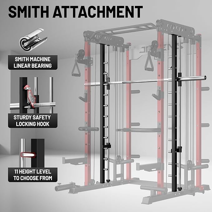 JELENS Smith Machine for Home Gym, Multi-Function M12 Power Cage with Cable Crossover System, Squat Rack with Smith Bar and More Attachment