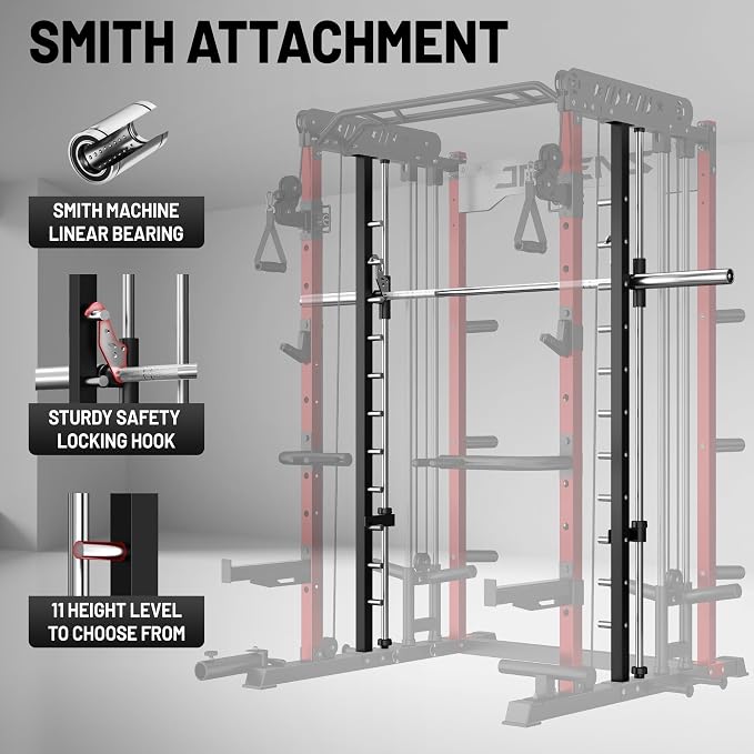 JELENS Smith Machine for Home Gym, Multi-Function M12 Power Cage with Cable Crossover System, Squat Rack with Smith Bar and More Attachment