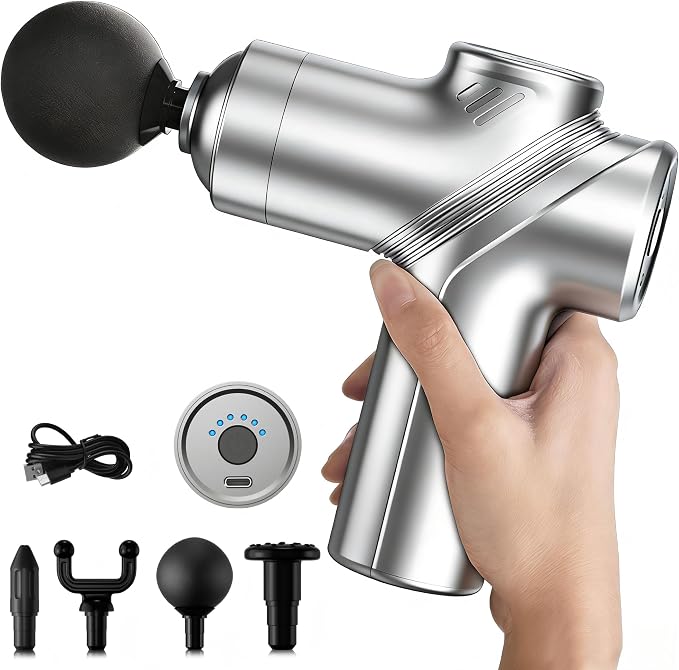 LEERCON Massage Gun Deep Tissue Mini Muscle Massager for Pain Relief, Grey | Small Portable Handheld Massager Gun, Back and Neck Massager for Pain Relief, 6 Speed & 4 Heads, Birthday Gifts for Men Dad