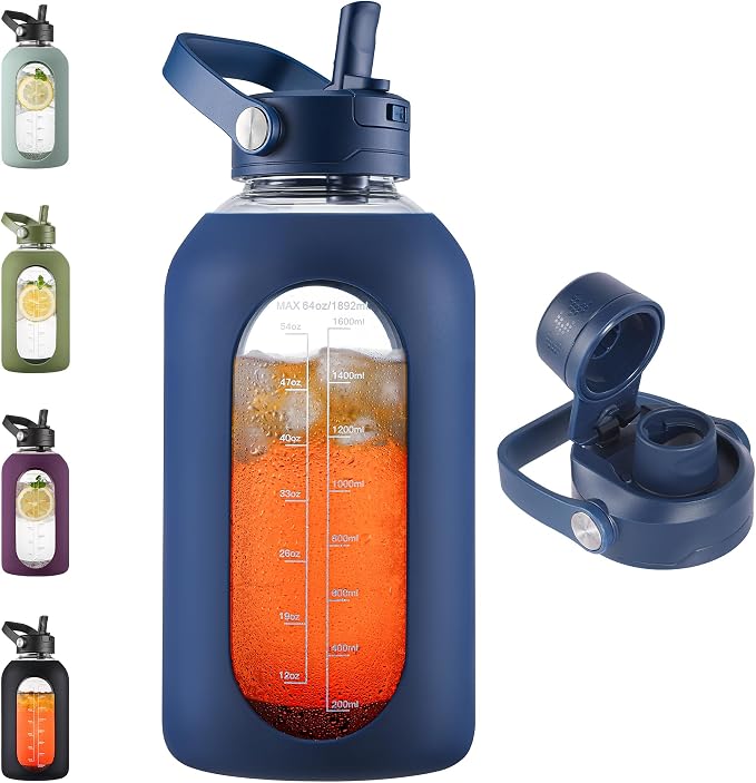 CIVAGO 64 oz Glass Water Bottle Jug with Detachable Straw and Time Maker | Half Gallon Motivational Large Flask Cup with Handle, Leakproof Lids, Wide Mouth, Silicone Sleeve, Tumbler for Juice, Navy