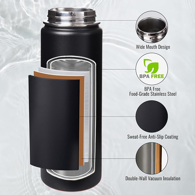 Fijinhom Insulated Water Bottle with Handle, 304 Stainless Steel Water Bottles with Wide Mouth, Double Wall Vacuum Sports Water Bottle, BPA Free, Keep Cold and Hot, 24 Ounces, Black | with Handle