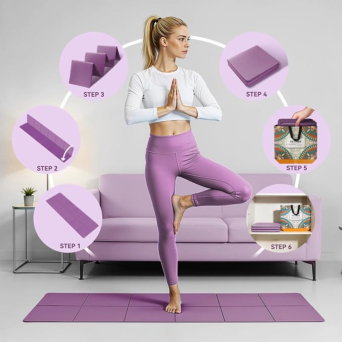 Foldable Yoga Mat Thick Non-Slip Exercise Mat | Packable Travel Fitness Mat, Carrying Bag Included, For Yoga, Pilates, Workout, Home & Gym Use