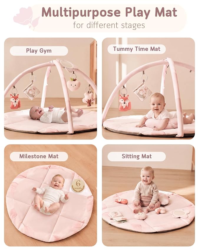 Baby Play Gym & Mat, Tummy Time Mat for Babies 0-12 Months, Pink | Machine-Washable Foldable Activity Mat with 5 Detachable Toys; Certified Safe Newborn Essentials Gift for Baby Registry