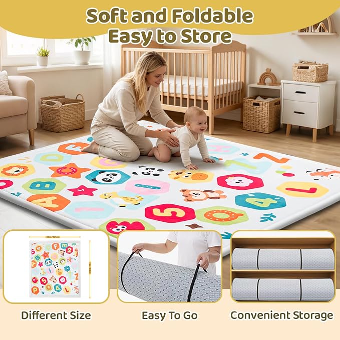 Baby Play Mat for Floor, 74'' x 50'' Thicken Foam Soft Padded Playmat for Tummy Time, Playpen Mat for Toddlers Infant Kids, Water-Repellent Coral Velvet, Non-Slip Bottom Safe for Crawling (Animal)