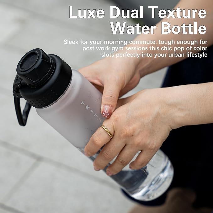 OLDLEY 32 oz Water Bottle with Handle, BPA-Free Tritan Reusable Sports Water Bottle with Leak-Proof Dust Lid, Wide Mouth, Cup Holder Friendly, Half Frosted Clear Bottle for Gym, Travel, Work,Clear