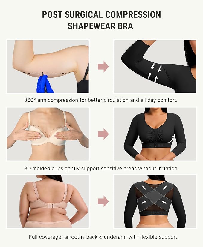 FeelinGirl Arm Compression Sleeve Women Post Arm Lipo Shaper | Front Closure, Compression Bra with Sleeves, Breast Lift, Back Smooth, Post Augmentation Lymphedema Recovery