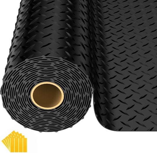 10x25 FT Garage Floor Mat, 2.8mm Thickened Diamond Plate | PVC Flooring Roll for Under Car/Garage/Warehouse/Basement/Gyms/Trailer, 250 SQFT Garage Mat, Tapes Included, Black