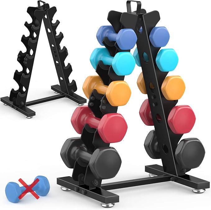 TomCare 6-Tier|5-Tier|4-Tier|2-Tier Dumbbell Rack Stand Only for Home Gym | Stable A-Frame, Fits 5–35 lb Dumbbells, Protective Padded Cradles, Adjustable Feet, Easy-Carry Handle (Stand Only)