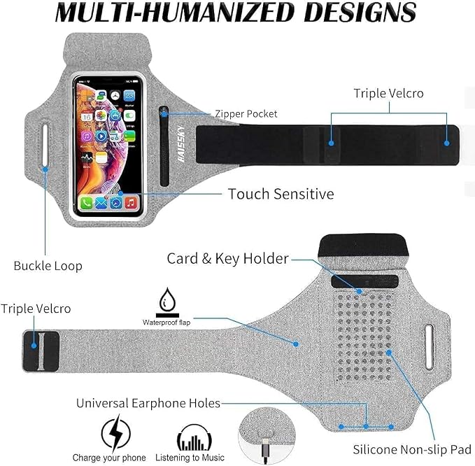 Cell Phone Running Armband with Earbuds Zipper Pocket Armband Case Running Holder for iPhone 16 Pro Max/15/14 Pro Max/13/12 /11 Pro Max/XS/XR,Galaxy S20 S10,Sweatproof Arm Band with Card/Key Bag