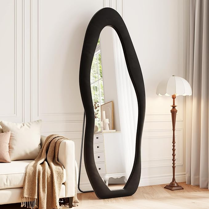 Full Length Mirror, 63"x24" Wavy Full Body Mirror Flannel | Flannel Floor Mirrors with Stand, Irregular Wavy Mirror Hanging or Leaning Against Wall for Bedroom Living Room, Black