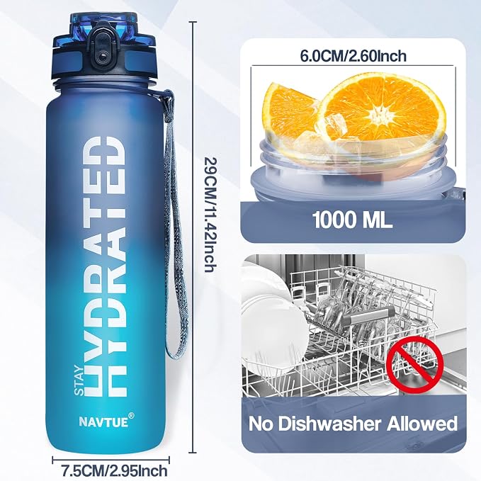Water Bottle 32 oz Motivational Time Marker Tritan Bottle | BPA-free Tritan water bottle with time marker leakproof Lightweight portable Easy Clean Brush for Gym, Travel, School, Office