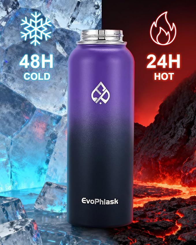 Insulated Water Bottle 40 oz with Carrier Bag, Purple/Black | Stainless Steel, Vacuum Insulated Keep Cold 48 Hrs, Large Metal Water Jug, For Travel, Sport, Gym, Hiking